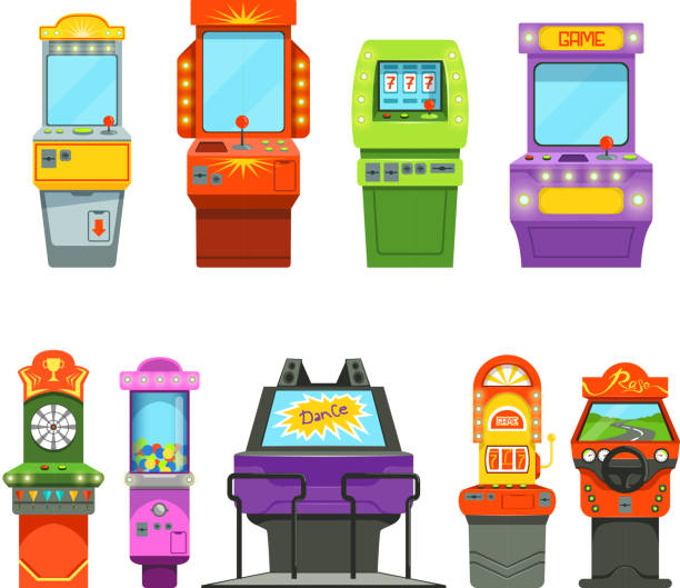 illustrazioni stock, clip art, cartoni animati e icone di tendenza di illustrazioni vettoriali colorate di macchine da gioco. simulatore di guida e diversi giochi arcade nel parco divertimenti - leisure games computer monitor equipment joystick