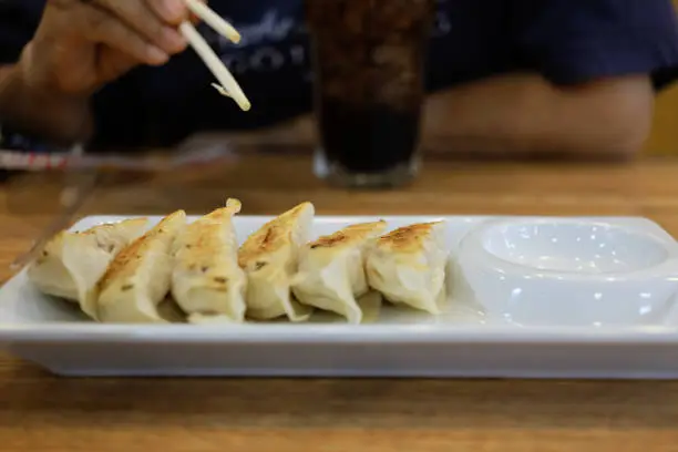 Photo of Close up delicious dumplings on square plate