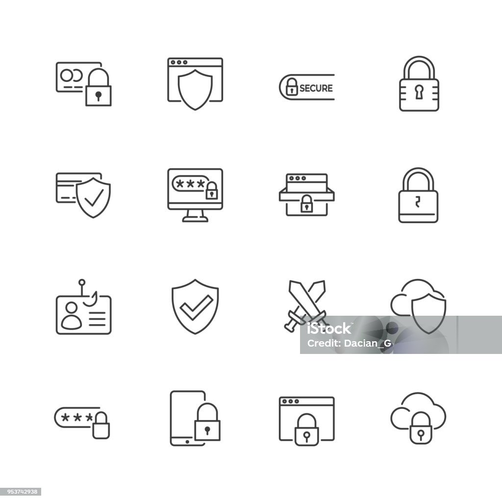 Sicherheit und Schutz Vektor-Linie-Icons. Editierbare Schlaganfall. - Lizenzfrei Icon Vektorgrafik