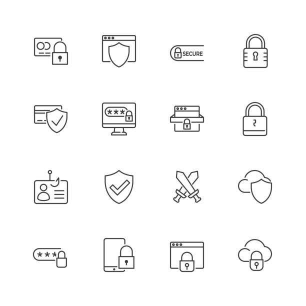 ilustraciones, imágenes clip art, dibujos animados e iconos de stock de seguridad y protección de vectores iconos de la línea. movimiento editable. - secrecy lock locking safe