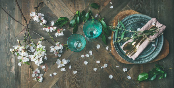 istock Flat-lay of Spring Easter Table setting with almond blossom flowers 953743032