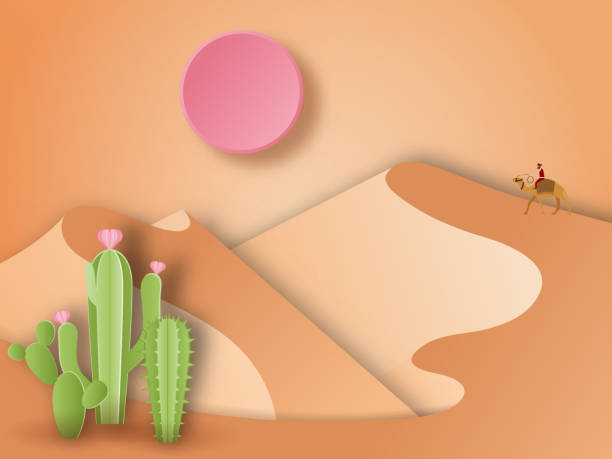 istock Desert show sand dune landscape and cactus plants. paper art style. 953743696