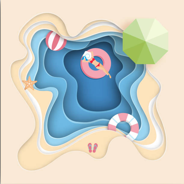 istock Paper art carving with Woman lay down on the ocean with beautiful beach background .candy color vector style. 953743890