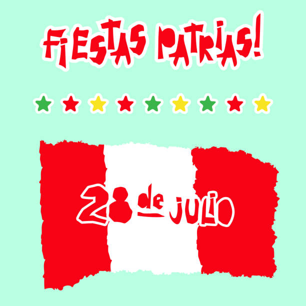  Diseño de tarjeta plana Fiestas Patrias con texto Fiestas Patrias en Perú Bandera nacional Color Vintage Grunge Rasgado Papel Estilo Ilustración disponible