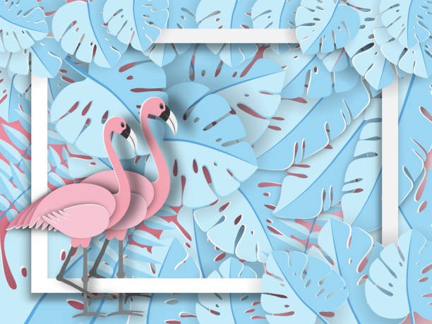 istock Tropical leaf and Flamingo Summer Banner,Paper art graphic Background 953747912
