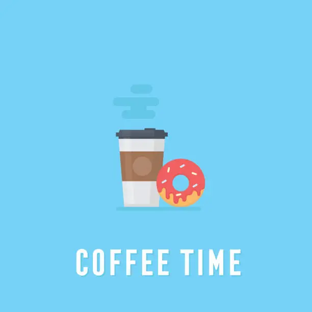 Vector illustration of Coffee in plastic cup and donut, breakfast food, coffee time