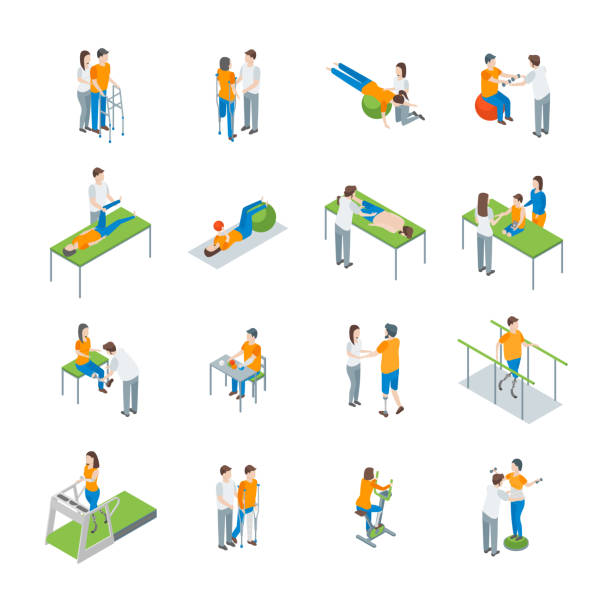 fizjoterapia ludzie 3d ikony zestaw widok izometryczny. wektor - isometric patient people healthcare and medicine stock illustrations