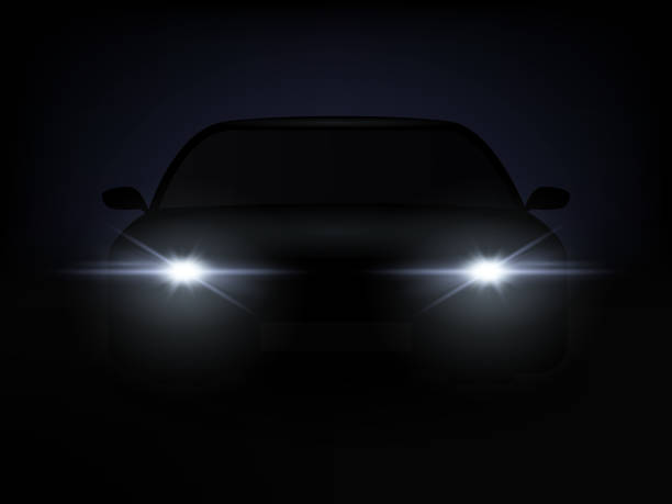 ilustrações, clipart, desenhos animados e ícones de efeito de luzes carro realista do fundo da escuridão. vector - headlight