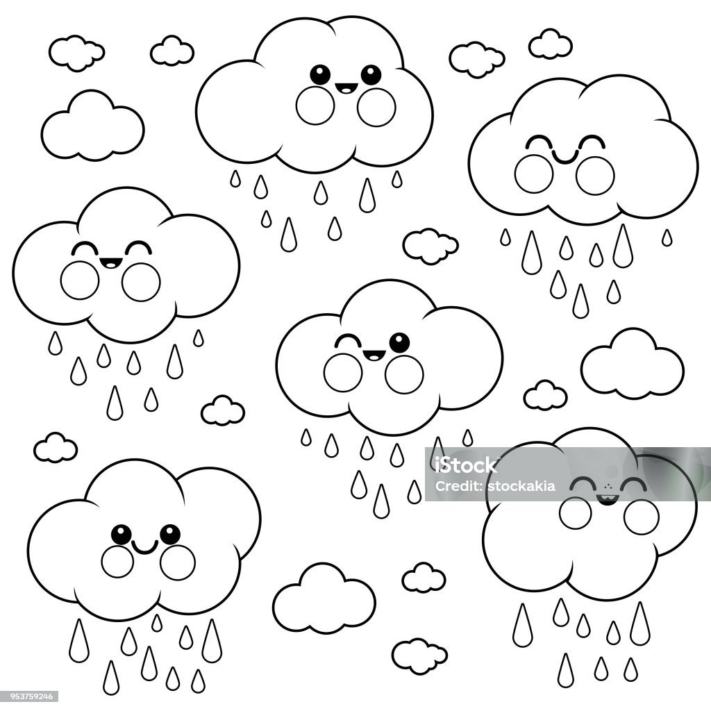 Cute raining cloud characters. Black and white coloring book page Vector set of cute cloud characters and rain. Vector black and white illustration Coloring Book Page - Illlustration Technique stock vector