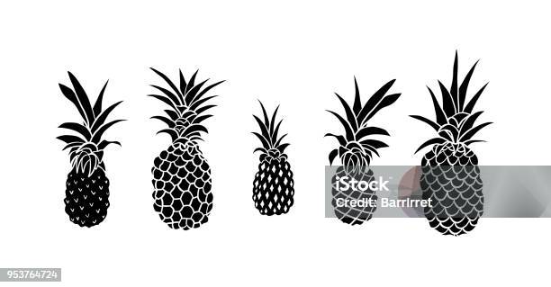 Vector Set Of Five Pineapple Fruit Tropical Summer Vacation Collection Design For Print Black And White Illustration Stock Illustration - Download Image Now