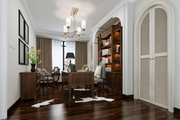 istock 3d rendering european style study room with wood bookshelf 953768494