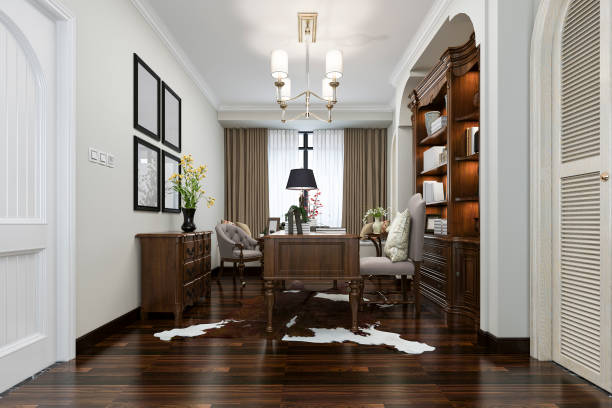 istock 3d rendering european style study room with wood bookshelf 953768500
