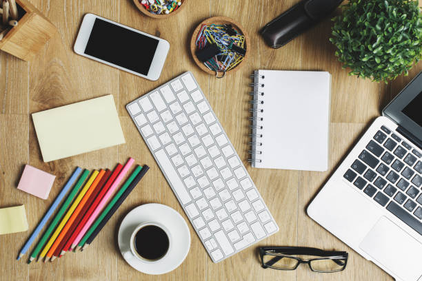 istock Contemporary desk with device and supplies 953769426