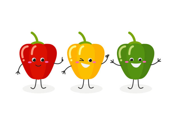 ilustrações de stock, clip art, desenhos animados e ícones de vector set of three cartoon bell peppers - green bell pepper illustrations