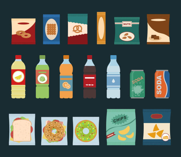 Fast food snacks and drinks flat icons. Vending machine with chip. Fast food snacks and drinks flat icons. Vending machine with chip. Vector illustration biscuit quick bread stock illustrations