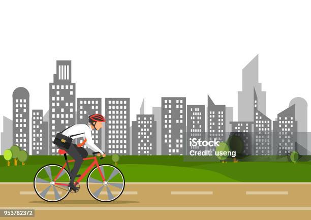 Business Man On Bike Go To Work In Cityenergy Saving For Worldpeople Business Concept Stock Illustration - Download Image Now