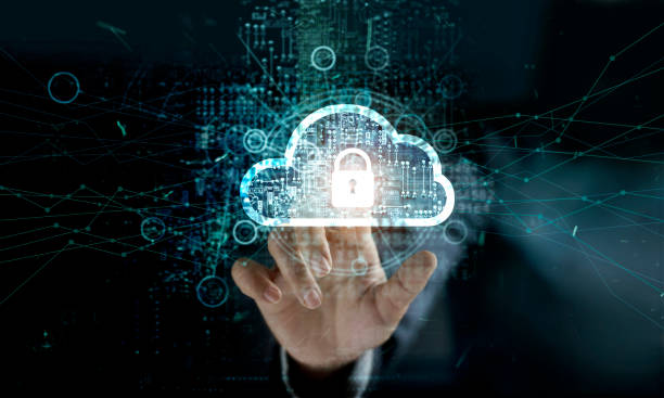 istock businessman touching Cloud with Padlock icon on network connection, digital background. Cloud computing and network security concept 953782812