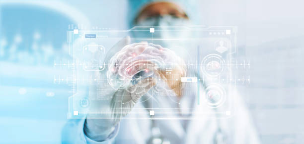 risultato del test cerebrale di doctor checking, analisi con moderna interfaccia virtuale in laboratorio, tecnologia innovativa nel concetto di scienza e medicina - brain surgery healthcare and medicine brain surgery foto e immagini stock