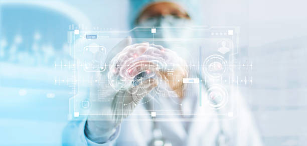 의사 검사 뇌 테스트 결과, 현대 가상 인터페이스 실험실, 과학 및 의학 개념에 혁신적인 기술 분석 - 신경외과 뉴스 사진 이미지