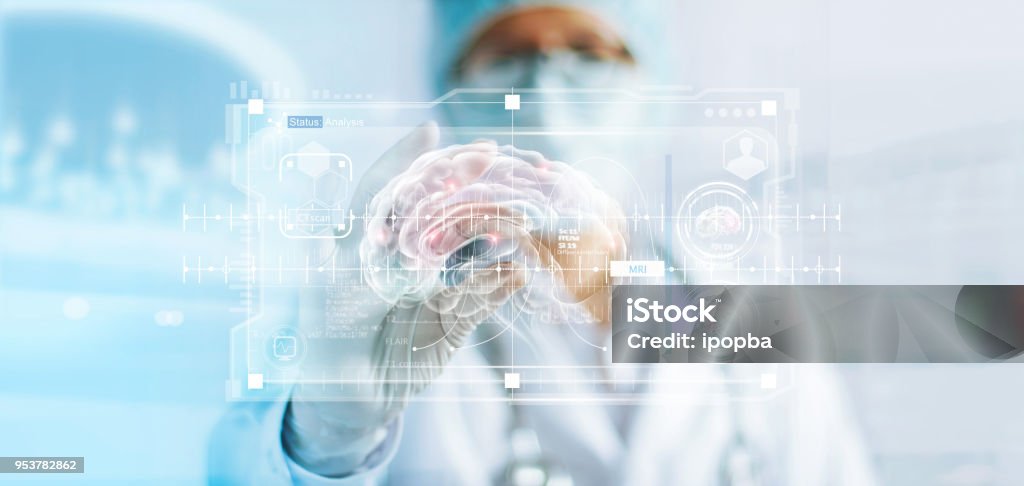 Doctor checking brain testing result, analysis with modern virtual interface in laboratory, innovative technology in science and medicine concept Healthcare And Medicine Stock Photo