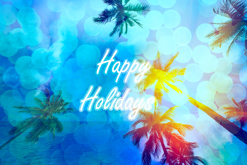 Happy holidays text with coconut trees and color sky