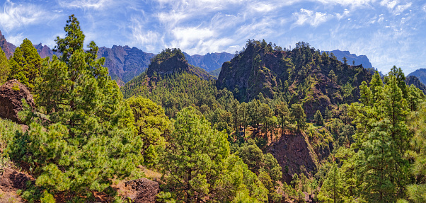 Caldera de Taburiente National Park is a large geological feature on the island of La Palma, Canary Islands, Spain. It contains the enormous expanse of the Caldera de Taburiente which dominates the northern part of the island, and was designated as a national park in 1954. The telescopes of the Roque de los Muchachos Observatory are situated very close to the summit. The caldera is about 10 km across, and in places the walls tower 2000 m over the caldera floor. The highest point is the Roque de los Muchachos on the northern wall, at 2426 m altitude, which can be reached by road. The Cumbrecita is at a lower point in the south-eastern part of the caldera's rim, giving a good view into the Caldera. In the south-west the caldera opens to the sea, through a riverbed known as Barranco de las Angustias. The Cumbre Nueva is a ridge that starts at the caldera and continues to the south.