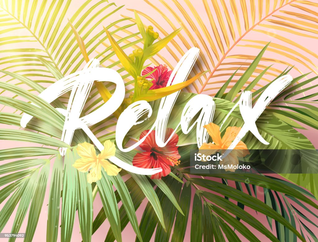 Bright exotic summer design with lettering integrated to tropical plants and flowers. Vector background of hibiscus flowers and royal and banana palm tree leaves Bright exotic summer design with lettering integrated to tropical plants and flowers. Vector background of hibiscus flowers and palm tree leaves. Relaxation stock vector