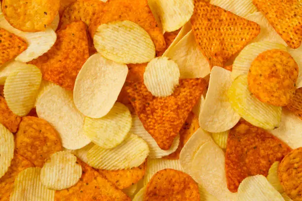 Heap of potato and tortilla chips background