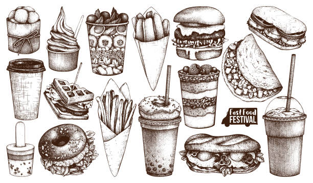 ilustrações de stock, clip art, desenhos animados e ícones de vector collection of fast food sketch - burger sandwich hamburger eating