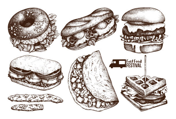 패스트 푸드 스케치의 벡터 컬렉션 - waffle eating meal food and drink stock illustrations