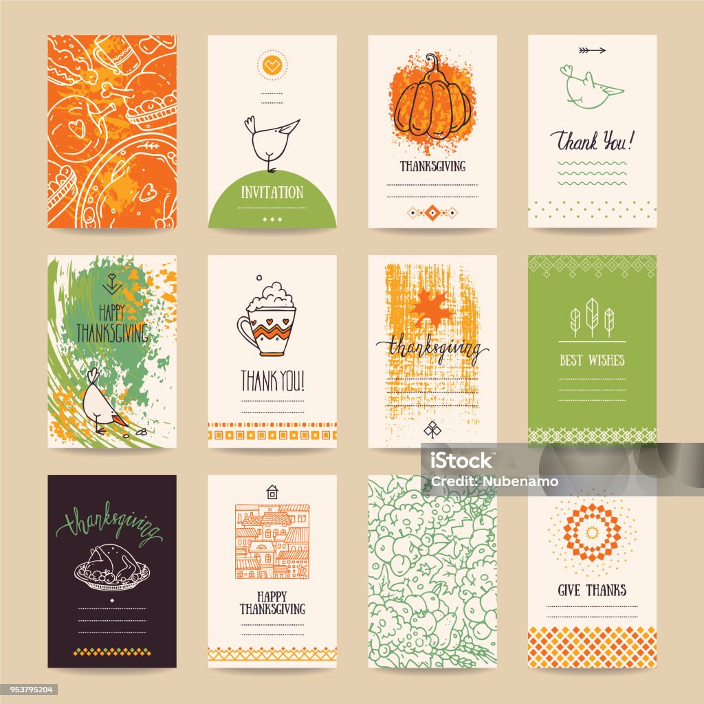Thanksgiving Congratulations Card, Festive Banner Thanksgiving congratulations poster, banner, invitation, greeting card, flyer, menu templates. Hand drawn vector collection with traditional Thanksgiving symbols, cute design elements, handwritten ink lettering, thin line icons. Autumn stock vector