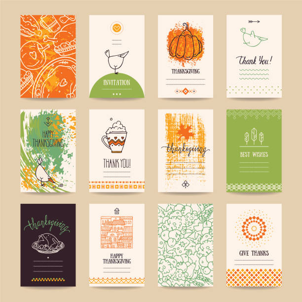 Thanksgiving Congratulations Card, Festive Banner Thanksgiving congratulations poster, banner, invitation, greeting card, flyer, menu templates. Hand drawn vector collection with traditional Thanksgiving symbols, cute design elements, handwritten ink lettering, thin line icons. harvest festival stock illustrations