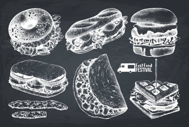 칠판에 벡터 패스트 푸드 - waffle eating meal food and drink stock illustrations