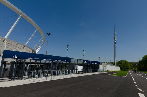 Chorzow, Poland - April 21, 2018: Silesian National Stadium after renovation of the mount up roof with a view to a 30 metre aerial mast and a new access road