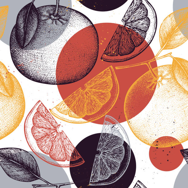 シ��ームレスなグレープフルーツのパターン - healthy eating botany drawing pattern点のイラスト素材／クリップアート素材／マンガ素材／アイコン素材