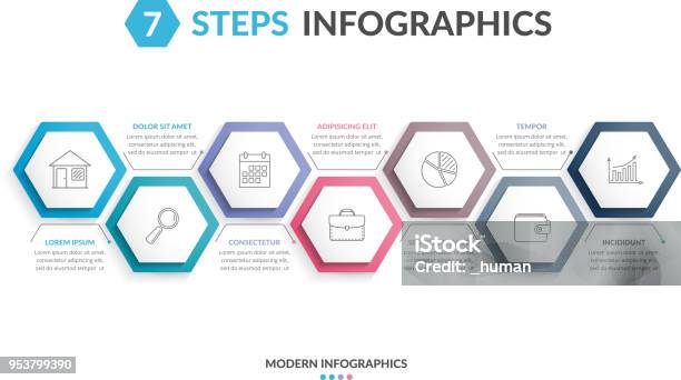 Infografica A 7 Passaggi - Immagini vettoriali stock e altre immagini di Infografica - Infografica, Numero 7, Esagono