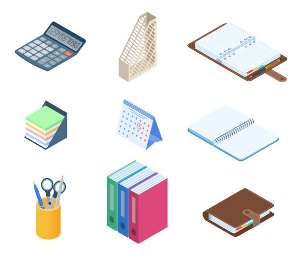 Flat vector isometric illustration of office desktop workplace stationery set. Flat vector isometric illustration of office desktop workplace stationery set. Vector supplies: business and school organizer, copybook, desk holder, document storage, memo notes, calendar, calculator office supply stock illustrations