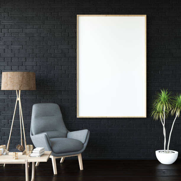 Empty Frame in Living Room Black picture frame in living room with an armchair brick photos stock pictures, royalty-free photos & images