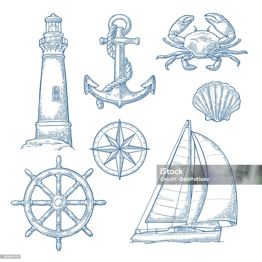 Anchor, wheel, sailing ship, compass rose, shell, crab, lighthouse engraving Set sea adventure. Anchor, wheel, sailing ship, compass rose, shell, crab, lighthouse isolated on white background. Vector blue vintage engraving illustration. For poster yacht club. Nautical Vessel stock vector