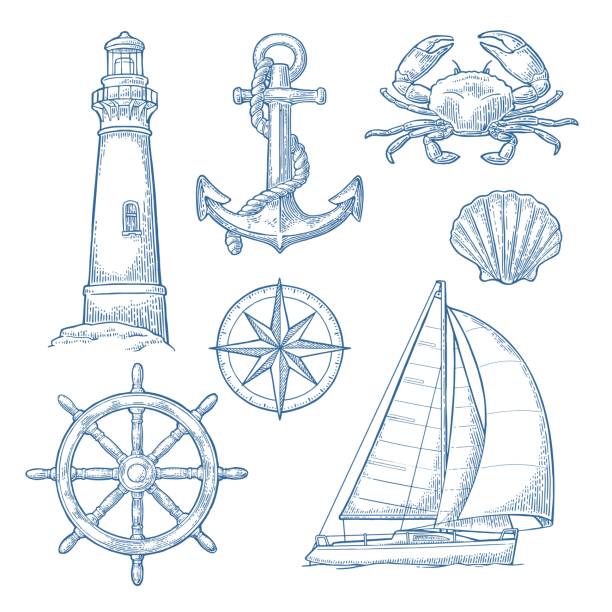 Anchor, wheel, sailing ship, compass rose, shell, crab, lighthouse engraving Set sea adventure. Anchor, wheel, sailing ship, compass rose, shell, crab, lighthouse isolated on white background. Vector blue vintage engraving illustration. For poster yacht club. lighthouse stock illustrations