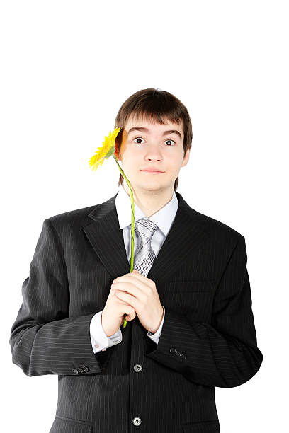 boy with a gift on the white background stock photo