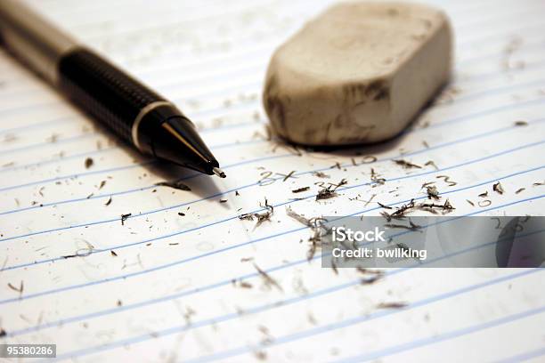 Pencil With Eraser Shards On Homework Stock Photo - Download Image Now - Algebra, Color Image, Education