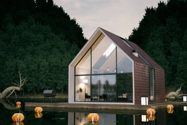 modern lake house - cabin imagens e fotografias de stock