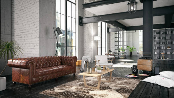 Cozy House Interior Loft house interior leather couch stock pictures, royalty-free photos & images