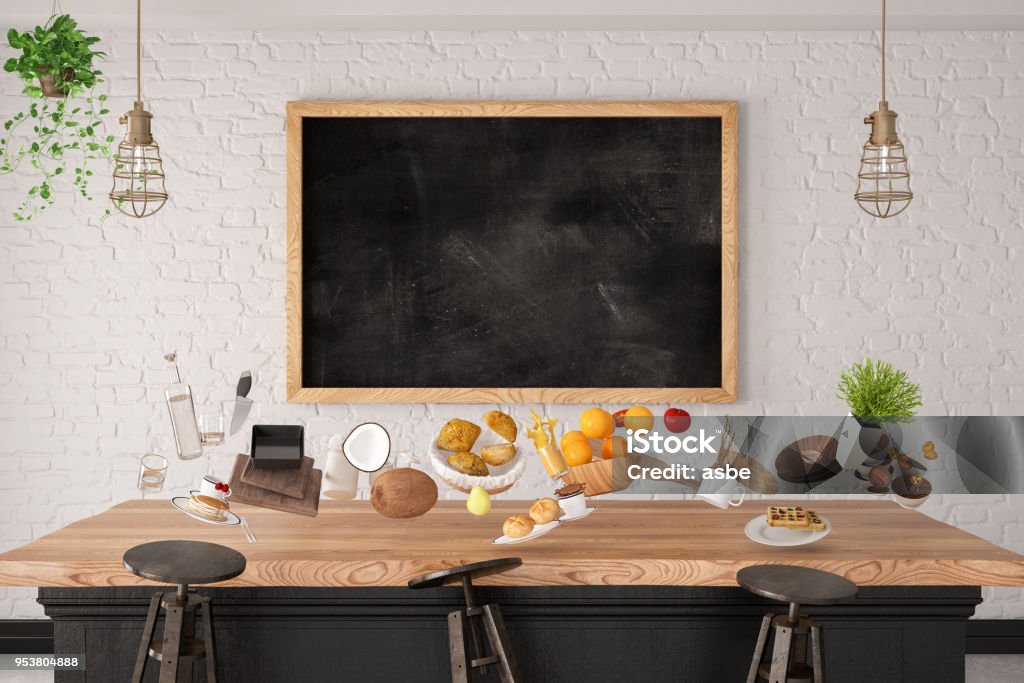 Zero Gravity in Kitchen Zero gravity concept with kitchen utensil and food Chalkboard - Visual Aid Stock Photo