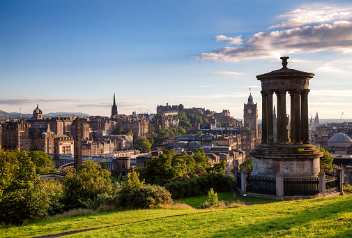 Edinburgh skyline as viewed from the Calton Hill with the Dugald Stewart Monument in foreground