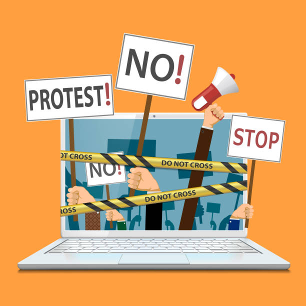 ilustraciones, imágenes clip art, dibujos animados e iconos de stock de censura de internet y los medios de comunicación - picket line strike picket protestor