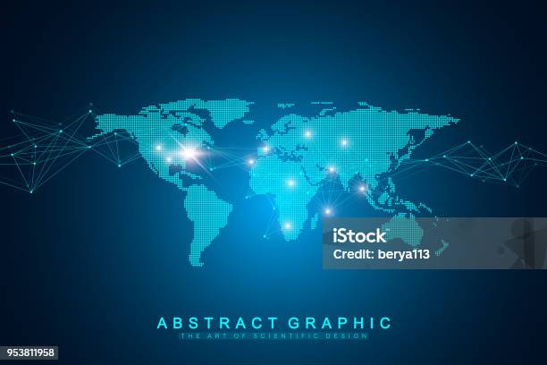 Punto Mappa Del Mondo Con Concetto Di Networking Tecnologico Globale Visualizzazione Digitale Dei Dati File Di Linee Comunicazione Di Base Sui Big Data Illustrazione Vettoriale Scientifica - Immagini vettoriali stock e altre immagini di Carta geografica