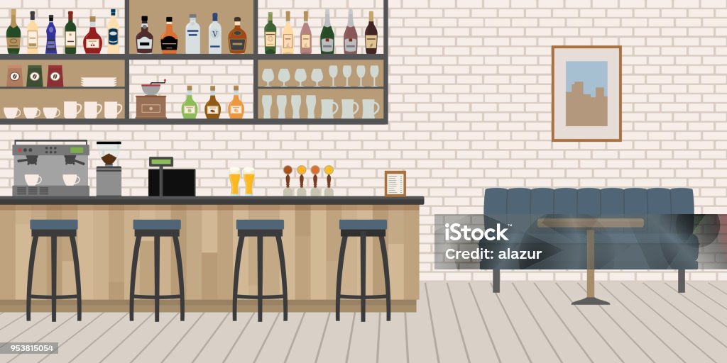 Intérieur vide Cafe Bar avec comptoir en bois, chaises et équipement. - clipart vectoriel de Bar libre de droits