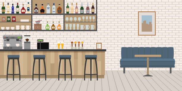 illustrazioni stock, clip art, cartoni animati e icone di tendenza di interno vuoto del cafe bar con bancone in legno, sedie e attrezzature. - bar